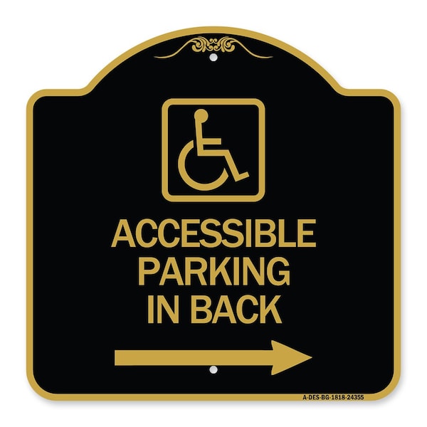 Accessible Parking on Right Arrow W/ Graphic, Black & Gold Aluminum Sign, 18" x 18", BG-1818-24355